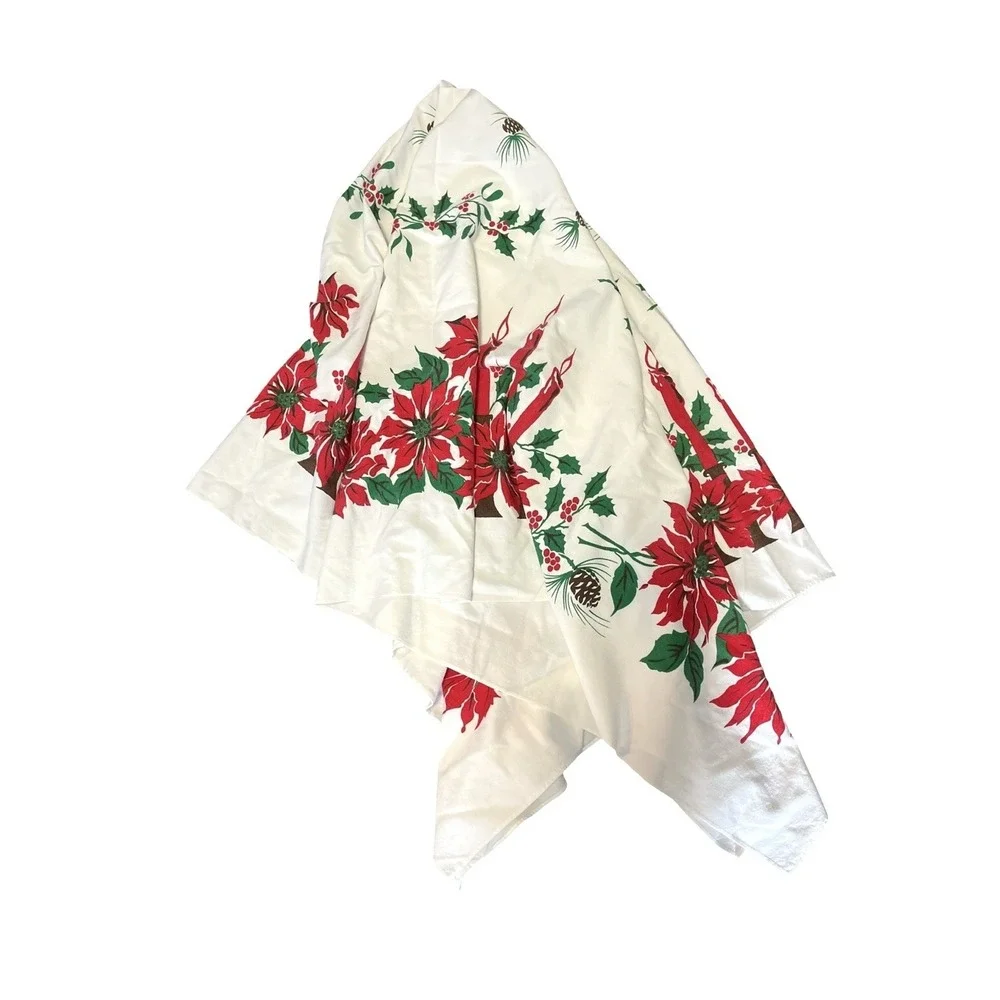 Vintage Christmas Tablecloth 52x60 Poinsettia Holly Candle Pinecone Holiday
